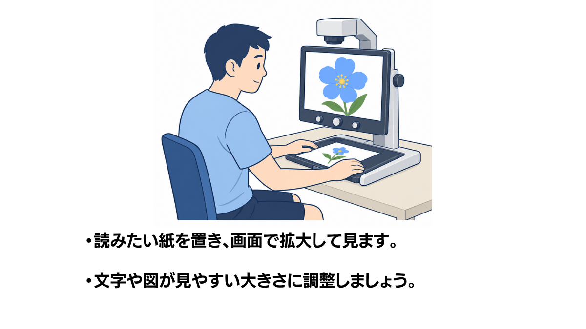拡大読書器の使い方のイラスト(説明文つき)|拡大読書器の使い方を説明する福祉用具・自助具のイラストです