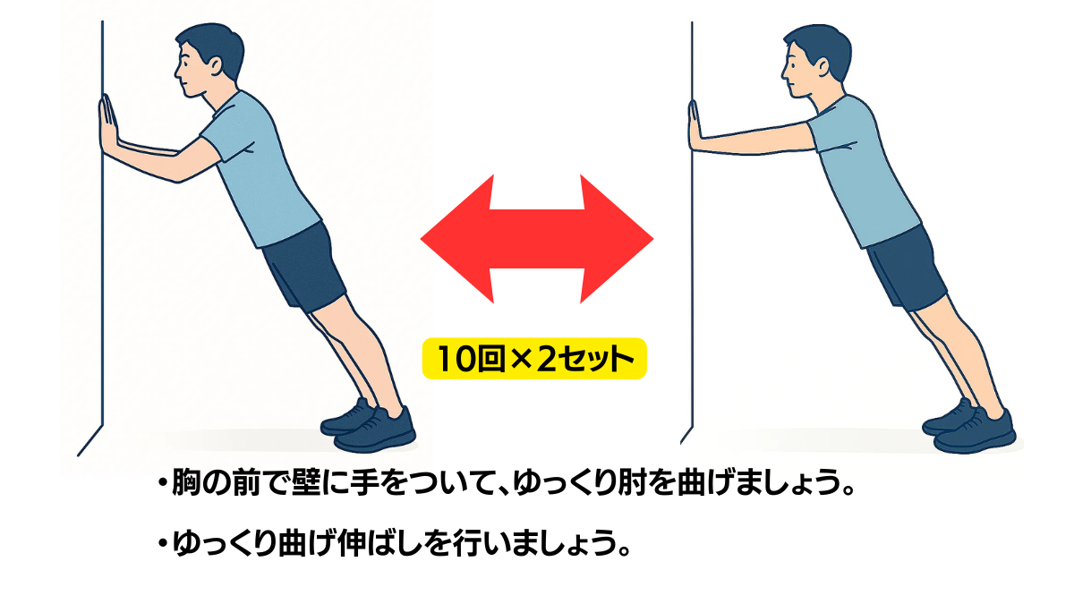 壁を使った腕立てのイラスト(説明文つき)|壁に手をついて行う腕立て伏せです