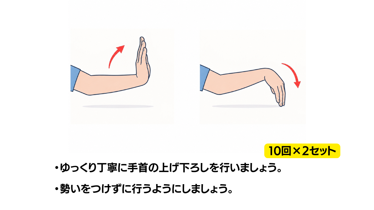 手首の曲げ伸ばしのイラスト(説明文つき)|手首を上下にゆっくり曲げ伸ばしする運動です