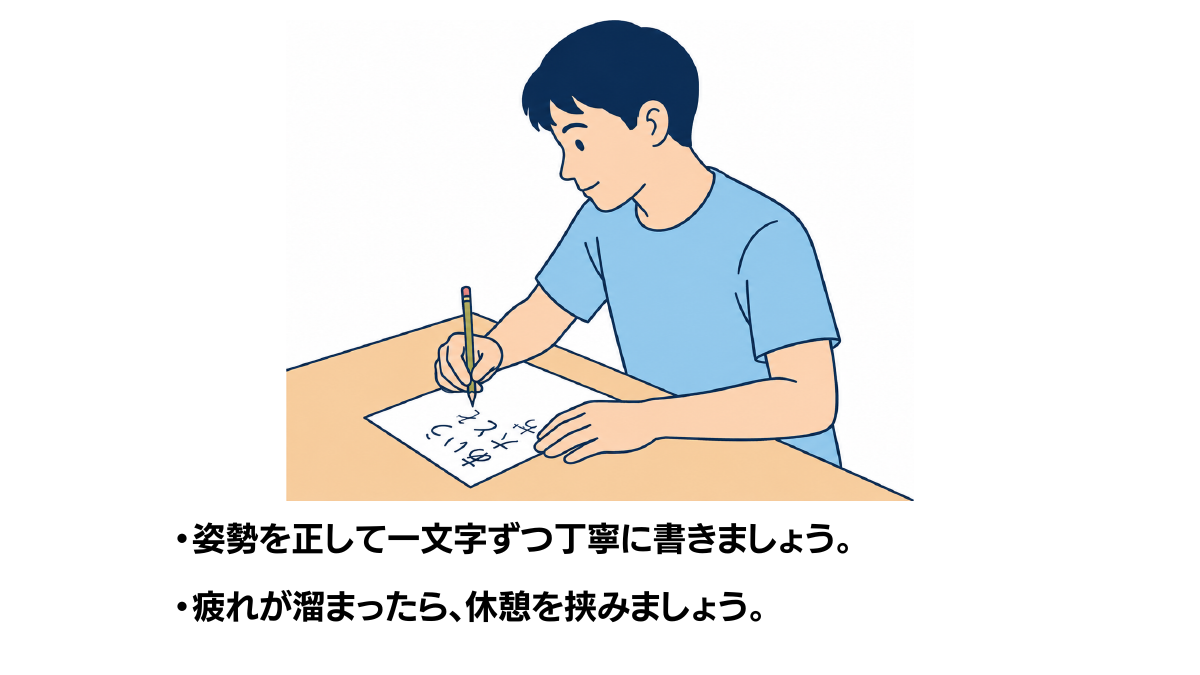 書字訓練のイラスト(説明文つき)|鉛筆やペンを使って文字を書く書字訓練のイラストです