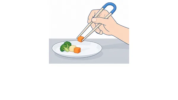 自助箸の使い方のイラスト(文字なし)|自助箸の使い方を説明する福祉用具・自助具のイラストです