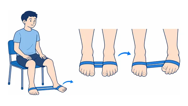 セラバンドを使った足首の外返しのイラスト(文字なし)|椅子に座り、両足にかけたバンドで片方の足の裏を外側へ向ける運動のイラストです