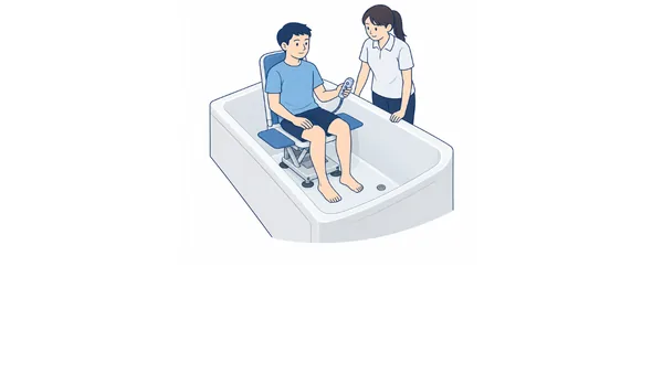 入浴用リフトの使い方のイラスト（文字なし）｜入浴用リフトの使い方を説明する福祉用具・自助具のイラストです