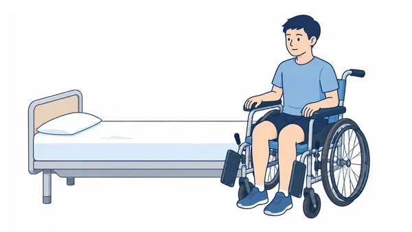 車椅子への移乗（着座直後）のイラスト（文字なし）｜ベッドから車椅子へ乗り移り、足を床に置いて座った場面です