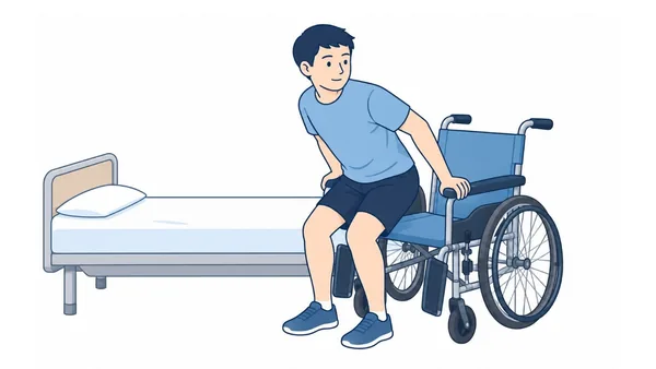 車椅子への移乗(着座直前)のイラスト(文字なし)|ベッドの横に置いた車椅子へ座る直前の場面です