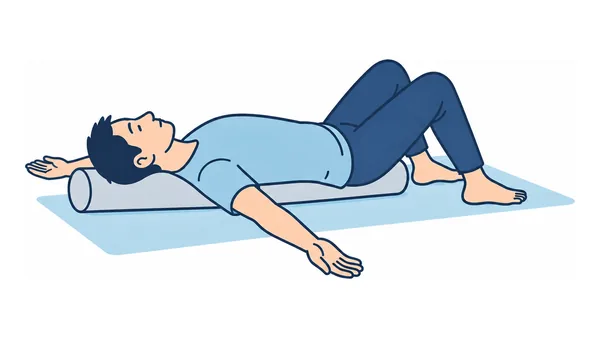 胸開き運動のイラスト(文字なし)|ストレッチポールの上に仰臥位で乗り、両腕を開いて胸郭を広げるストレッチです