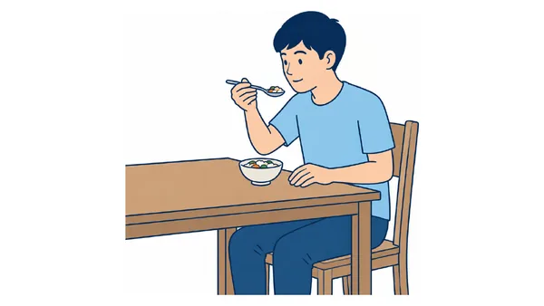 スプーンでの食事のイラスト(文字なし)|スプーンを使って食事を行うADL訓練です