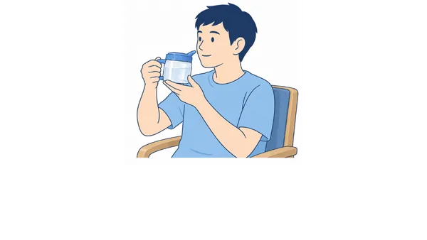 吸い飲みの使い方のイラスト(文字なし)|吸い飲みの使い方を説明する福祉用具・自助具のイラストです