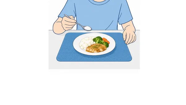 食事用滑り止めマットの使い方のイラスト（文字なし）｜食事用滑り止めマットの使い方を説明する福祉用具・自助具のイラストです