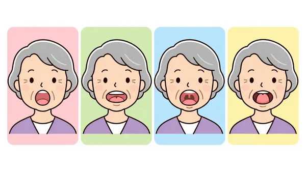 パタカラ体操のイラスト(文字なし)|「パ・タ・カ・ラ」の発音場面を4コマで示した口腔体操のイラストです