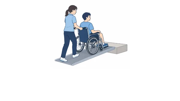 車いす用可搬型スロープの使い方のイラスト(文字なし)|車いす用可搬型スロープの使い方を説明する福祉用具・自助具のイラストです