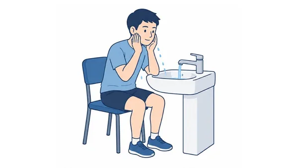 座って洗顔のイラスト（文字なし）｜洗面台の前の椅子に座り、両手で顔を洗う整容の場面です