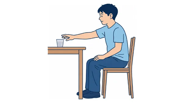 座位でのリーチ動作のイラスト(文字なし)|椅子に座った姿勢でテーブル上の物に手を伸ばすリーチ動作の訓練です