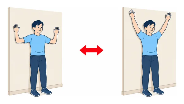 ウォールスライドのイラスト(文字なし)|壁に背中をつけ、腕を壁に沿って上下に滑らせるウォールスライド運動です