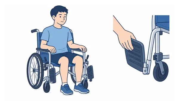 車椅子の足置きを上げるのイラスト(文字なし)|車椅子に座った場面と、手で足置きを上げる操作の拡大図です