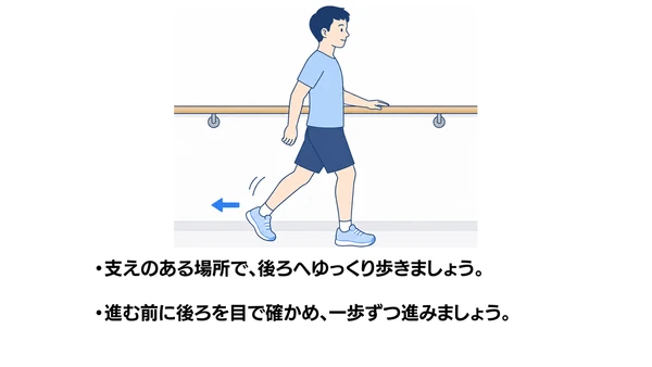 後ろ歩きの練習のイラスト(説明文つき)|支えのある場所で後ろへゆっくり歩く練習のイラストです