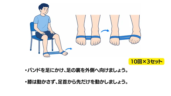 セラバンドを使った足首の外返しのイラスト(説明文つき)|椅子に座り、両足にかけたバンドで片方の足の裏を外側へ向ける運動のイラストです