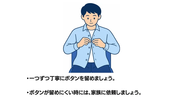 ボタンの留め外しのイラスト(説明文つき)|衣服のボタンを留め外しする手指動作のイラストです