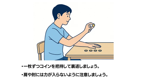 硬貨を使った手指の運動のイラスト(説明文つき)|コインを指先で操作する手指の巧緻性訓練です