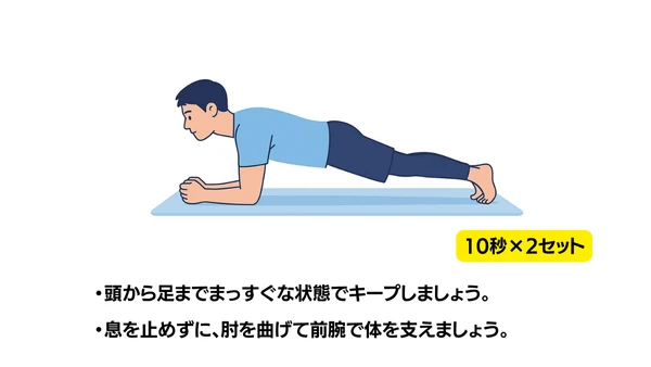 プランクのイラスト(説明文つき)|肘と足先で体を支えるプランク(フロントブリッジ)運動です