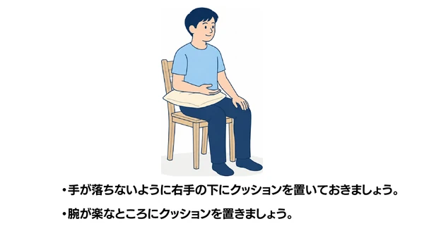 麻痺側上肢のポジショニングのイラスト(説明文つき)|麻痺側上肢を適切な肢位に保持するポジショニングの方法を示したイラストです
