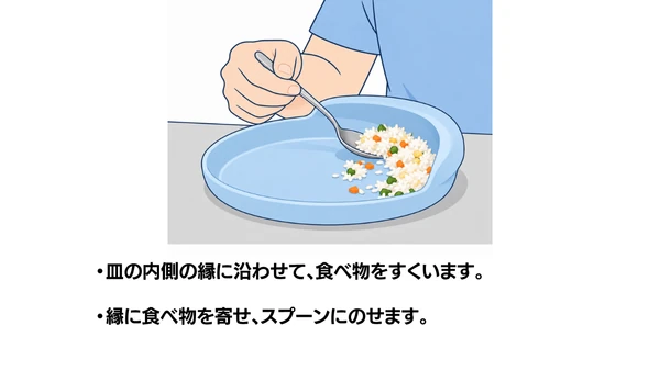 すくいやすい皿の使い方のイラスト(説明文つき)|すくいやすい皿の使い方を説明する福祉用具・自助具のイラストです