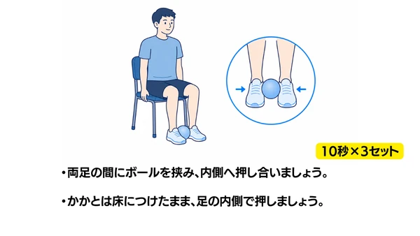 座位で両足にボールを挟む運動(股関節の内転)のイラスト(説明文つき)|椅子に座り、両足の間に挟んだボールを内側へ押し合う運動のイラストです