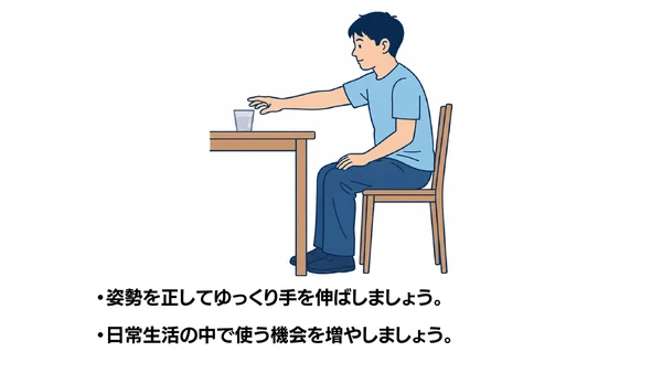 座位でのリーチ動作のイラスト(説明文つき)|椅子に座った姿勢でテーブル上の物に手を伸ばすリーチ動作の訓練です