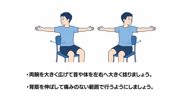 座位で腕を広げた体幹回旋のイラスト(説明文つき)|イスに座って両腕を大きく広げ、体幹を左右へ捻る運動のイラストです