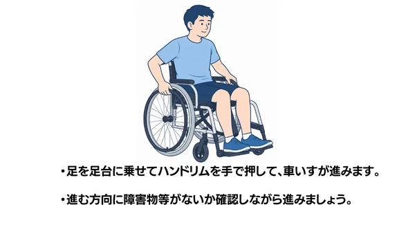 自走式車いすの使い方のイラスト(説明文つき)|自走式車いすの使い方を説明する福祉用具・自助具のイラストです