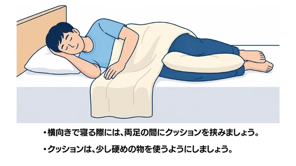 クッションを使った横向き寝のイラスト(説明文つき)|横向きに寝て両膝の間にクッションを挟む安楽姿勢の指導イラストです
