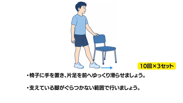 立位で片足を前へ滑らせる運動のイラスト(説明文つき)|椅子に手を置き、片足を前へゆっくり滑らせる運動のイラストです