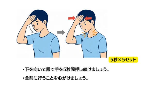 嚥下おでこ体操のイラスト(説明文つき)|額に手を当てて押し合う嚥下おでこ体操です