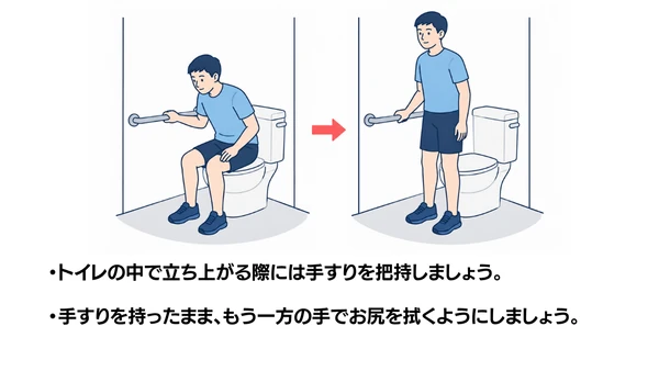 トイレ手すりを使った立ち座りのイラスト(説明文つき)|トイレの便座に座った状態から、壁の手すりを使って立ち上がる動作を示すイラストです