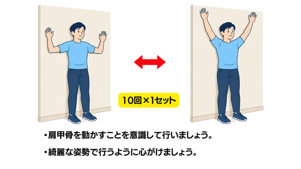 ウォールスライドのイラスト(説明文つき)|壁に背中をつけ、腕を壁に沿って上下に滑らせるウォールスライド運動です
