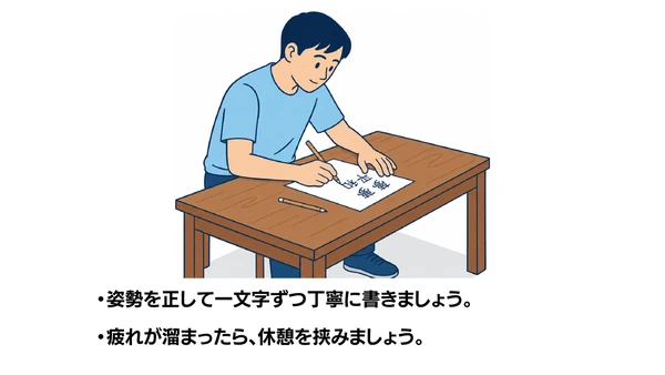 書字訓練②のイラスト(説明文つき)|書字訓練の応用編として、より実用的な書字動作を練習するイラストです