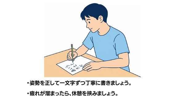 書字訓練のイラスト(説明文つき)|鉛筆やペンを使って文字を書く書字訓練のイラストです