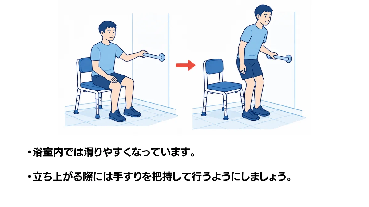自主トレ素材庫Plusに収録されている「浴室椅子と手すりを使った立ち座り」の実物スライド