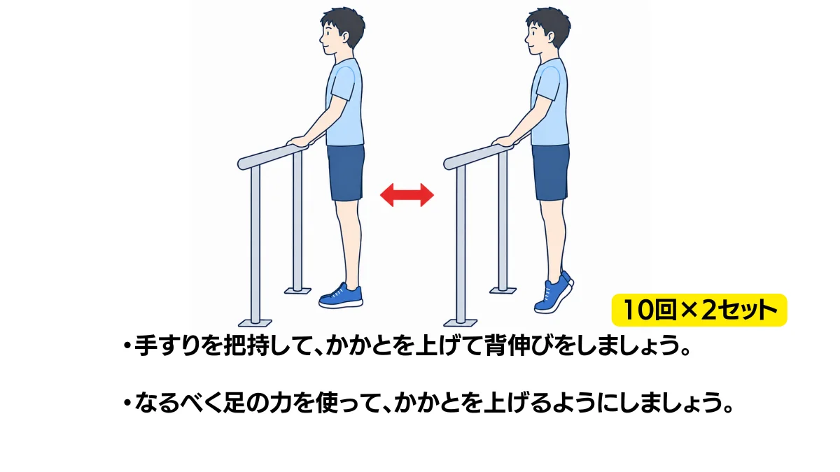 自主トレ素材庫Plusに収録されている「手すりを使ったかかと上げ」の実物スライド