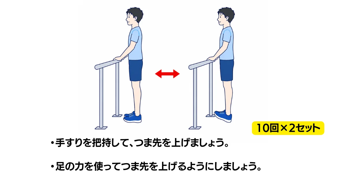 自主トレ素材庫Plusに収録されている「手すりを使ったつま先上げ」の実物スライド
