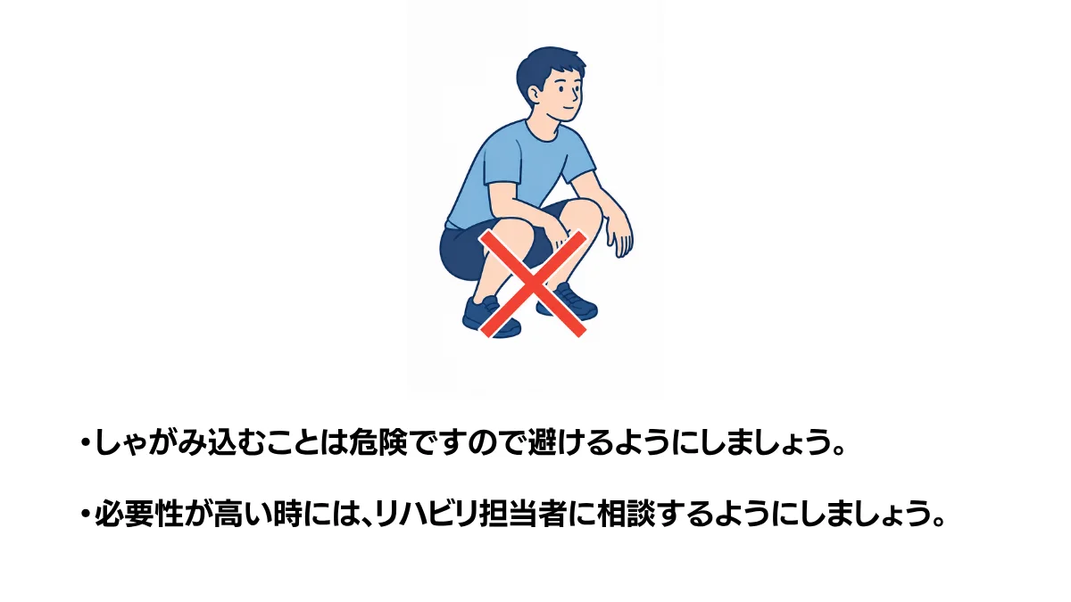 自主トレ素材庫Plusに収録されている「TKA術後のしゃがみ込み（NG例・膝の過屈曲）」の実物スライド