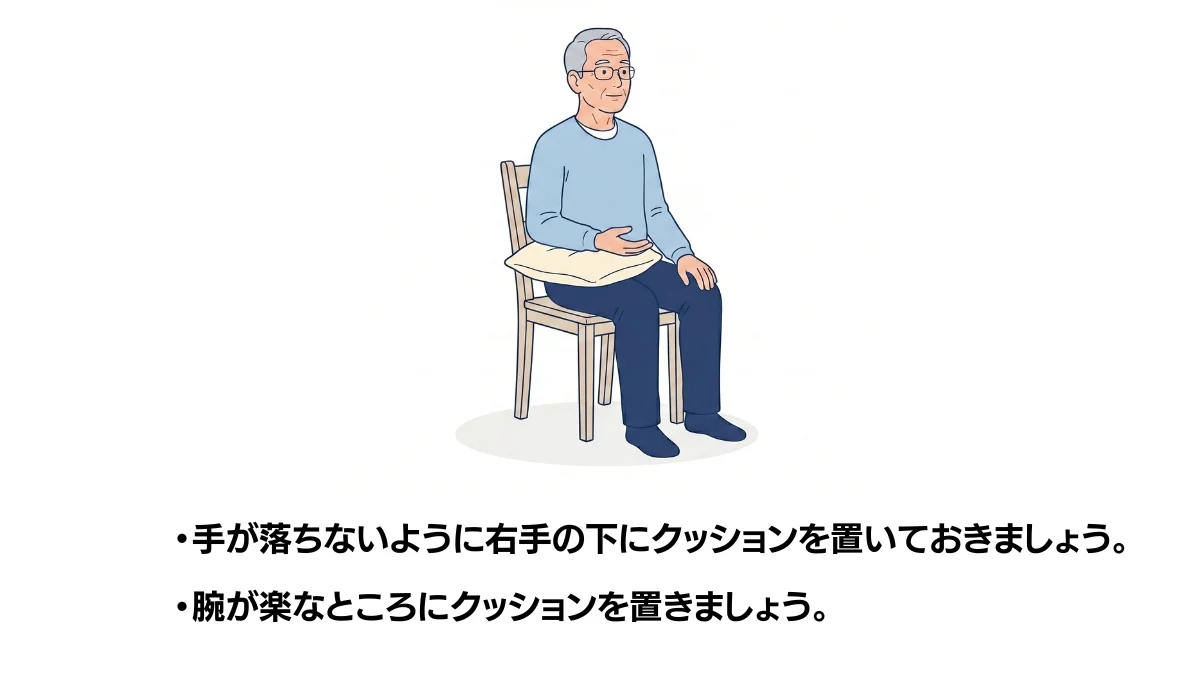 自主トレ素材庫Plusに収録されている「麻痺側上肢のポジショニング」の実物スライド