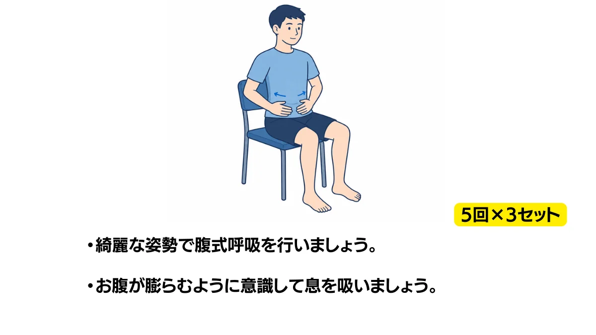 自主トレ素材庫Plusに収録されている「座位での腹式呼吸」の実物スライド