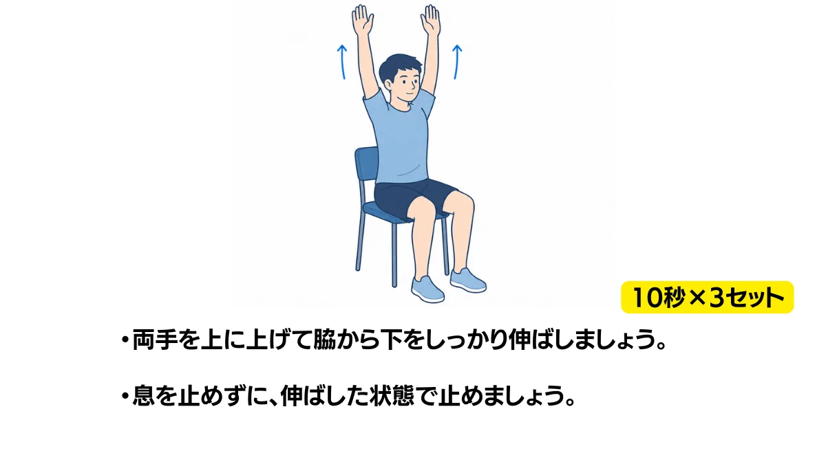 自主トレ素材庫Plusに収録されている「座位での両手上げ伸ばし」の実物スライド