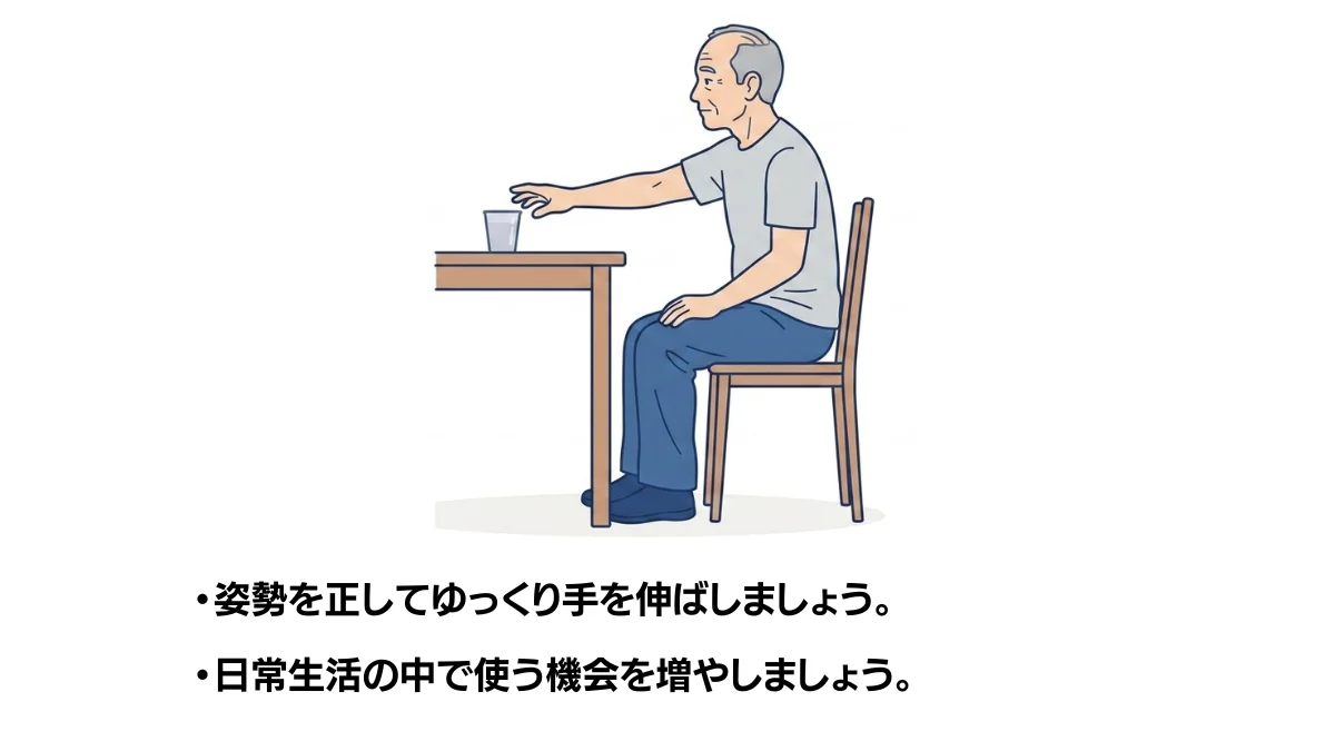 自主トレ素材庫Plusに収録されている「座位でのリーチ動作」の実物スライド