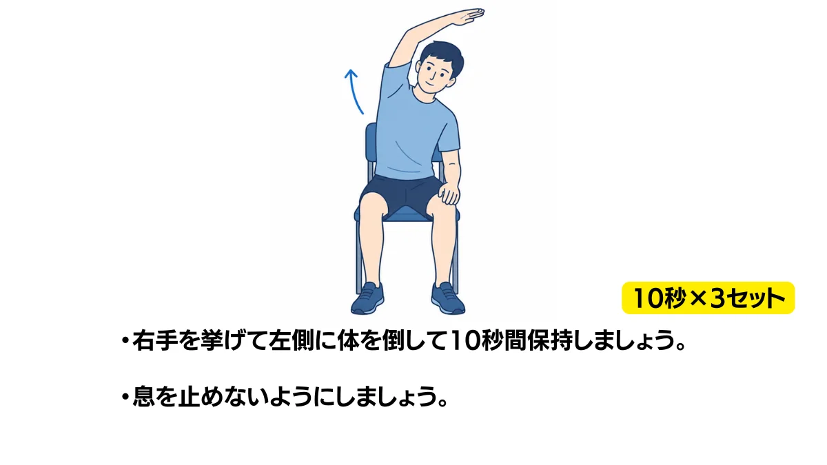 自主トレ素材庫Plusに収録されている「座位で左に倒す体側伸ばし」の実物スライド