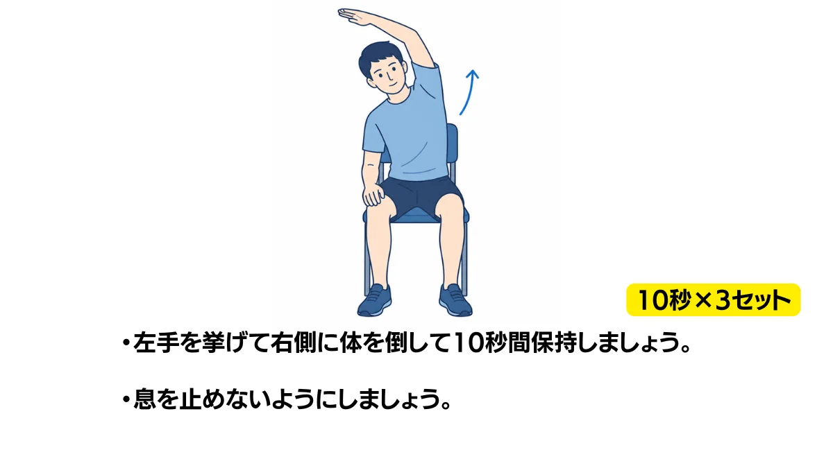 自主トレ素材庫Plusに収録されている「座位で右に倒す体側伸ばし」の実物スライド