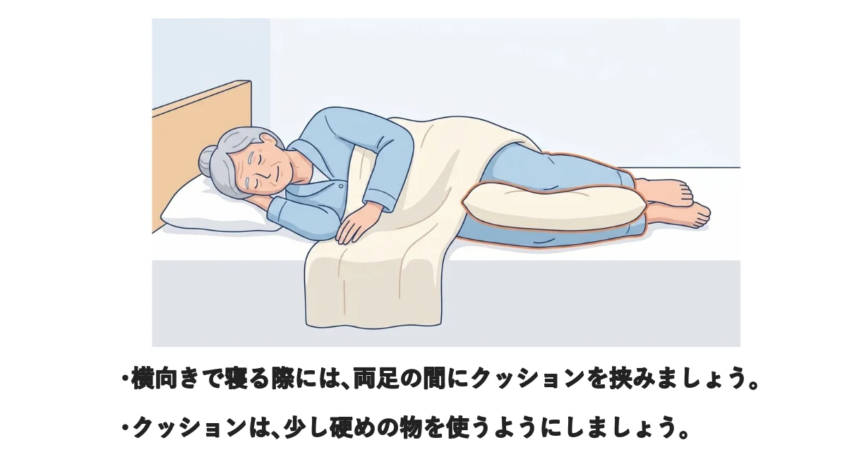 自主トレ素材庫Plusに収録されている「クッションを使った横向き寝」の実物スライド