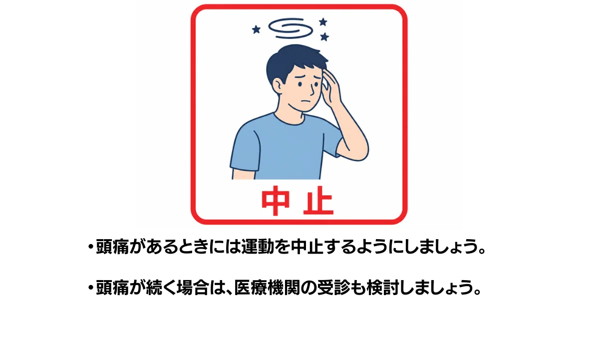 自主トレ素材庫Plusに収録されている「頭痛があるときは運動中止」の実物スライド