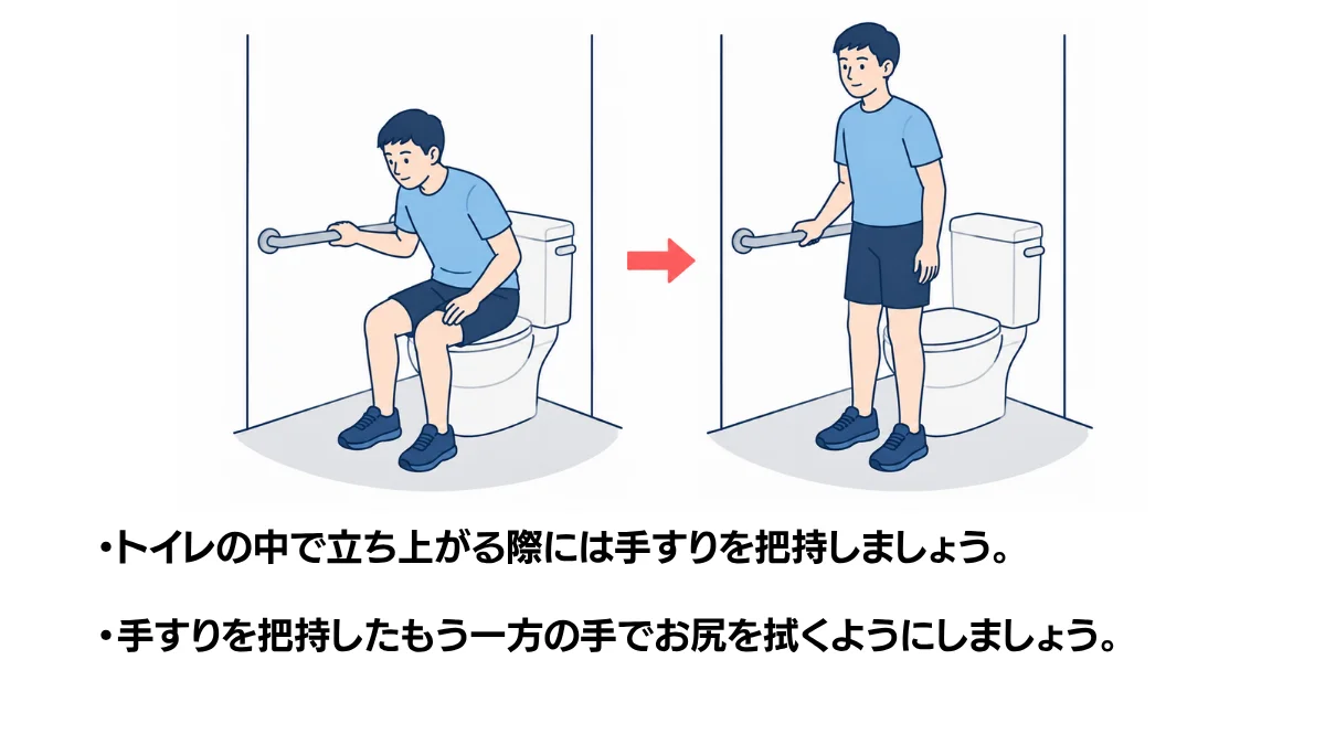 自主トレ素材庫Plusに収録されている「トイレ手すりを使った立ち座り」の実物スライド